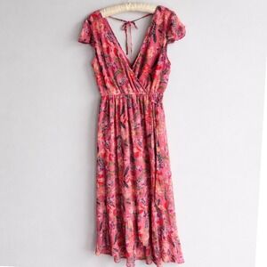 Band of Gypsies Pink Floral Wrap Midi Dress Medium Flutter Ruffle Romantic 
Boho